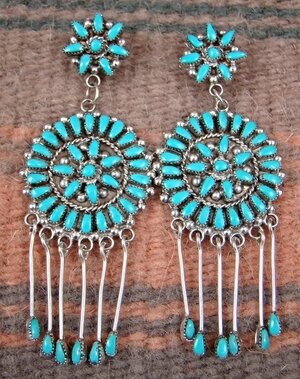 Item # 783E - Zuni High End 88pc Turquoise Pettitpoint Flower Satellite Cluster Earrings w/Turquoise Spoons by Milburn Dishta