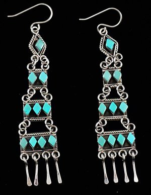 Item #691W- Xlg Zuni 20ct Turquoise Diamond Cut 4 Tier Chandelier Silver Earrings by P.Chavez