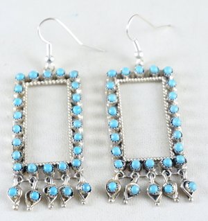 Item #889R- Lg Zuni Turquoise Cluster Rectangle Frame Sterling Silver Dangle Earrings by Wayne Johnson