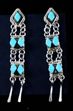 Item #876X- Zuni 10ct Turquoise Diamonds Chandelier Silver Earrings by Priscilla Chavez