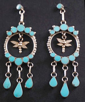 Item #857F- Zuni 28ct Turquoise Circular Frame Dangle Dragonfly Earrings by V.Bobelu