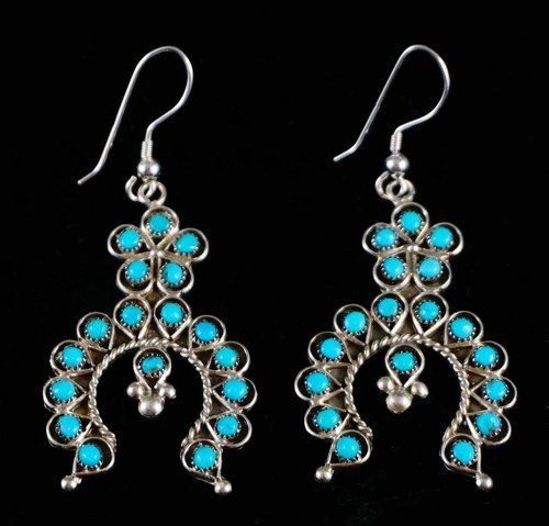 Item #845F- High End Zuni Turquoise Cluster Flower/Naja Silver Earrings by R.M.James