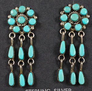 Item #625X- Zuni Turquoise Cluster Dangles Silver Earrings by V.J.Bobelu