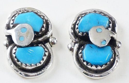 Item # 553T-Zuni Double Turquoise Stone Snake Stud Earrings by Effie Calavaza