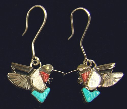 Item #792E- Zuni Etched Raised Multistone Inlay Hummingbird Earrings by S.Lonjose