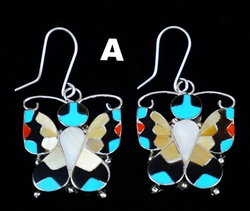 Item # 814K - Lg Zuni Geometrical Multi Stone Inlay Butterfly Earrings by A.Dishta