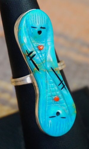 Item # 670M-XLG Zuni Carved Turquoise Detailed Double Corn Maiden Ring by QUANDELACY/COMOSONA Sz 7 3/4