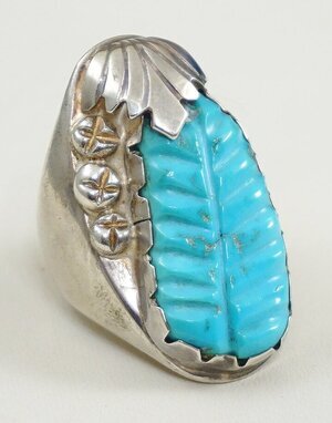 Item #929K- XLG Heavy Vintage Zuni Men's Carved Turquoise Leaf Prayer Fan Sandcast Ring by L.TSATTE sz 11 1/4