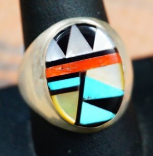 Item # 670R- Zuni Oval Faced Multi Stone Geometrical Inlay Cast Ring by C.WOOBTHEE Sz 10 3/4