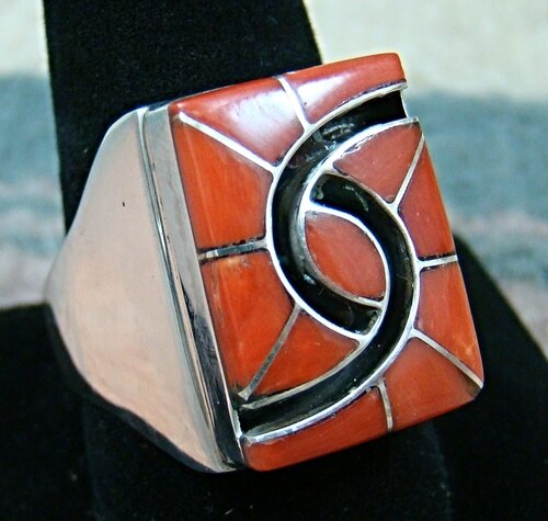 Item # 712R- Lg Zuni 11pc Coral Inlay Hummingbird/Friendship Cast Ring by A.Quandelacy/Wesley Sz 13 1/2