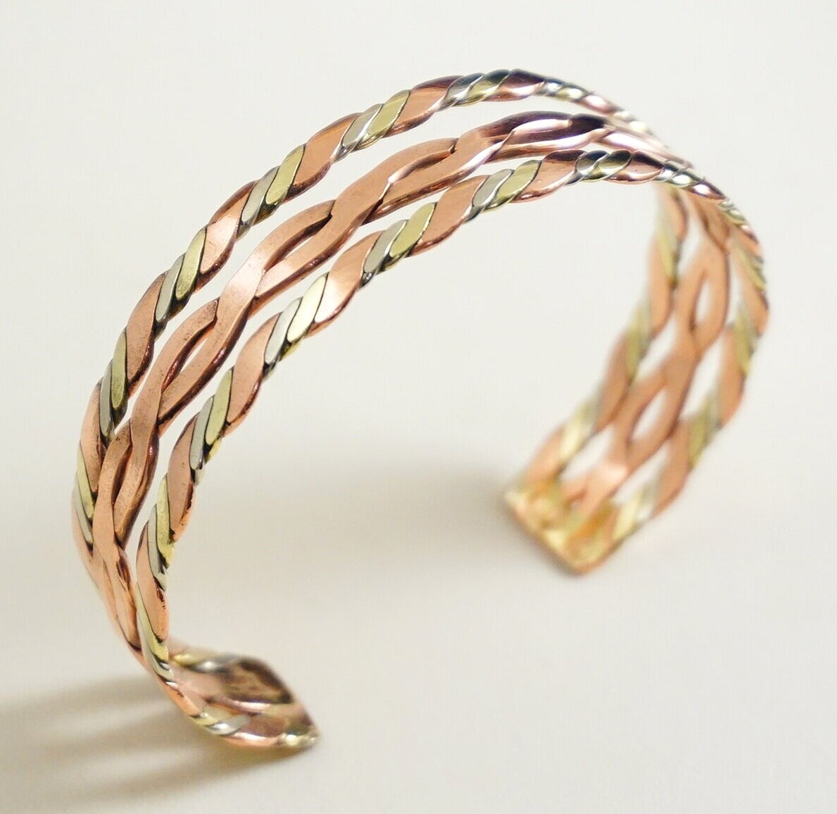 Long Solid Thick Round Indian 3-color Copper Delicately Braided Cuff Bracelet 