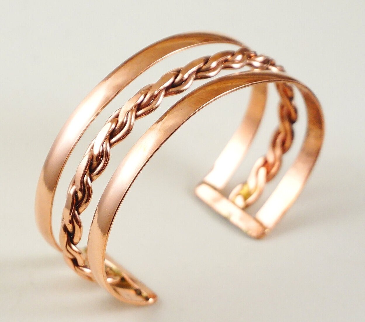 Long Solid Thick Round Indian 3-color Copper Delicately Braided Cuff Bracelet 
