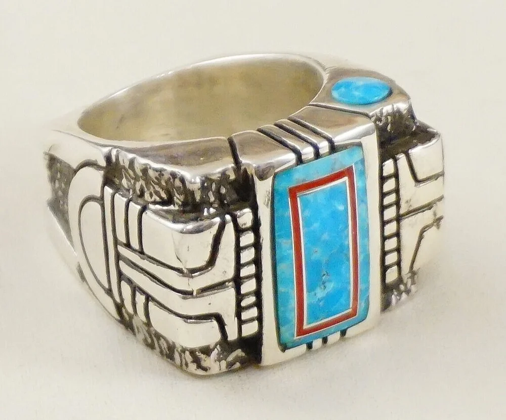Item #956R- Heavy Men's Cherokee Rectangle Turquoise Coral Inlay