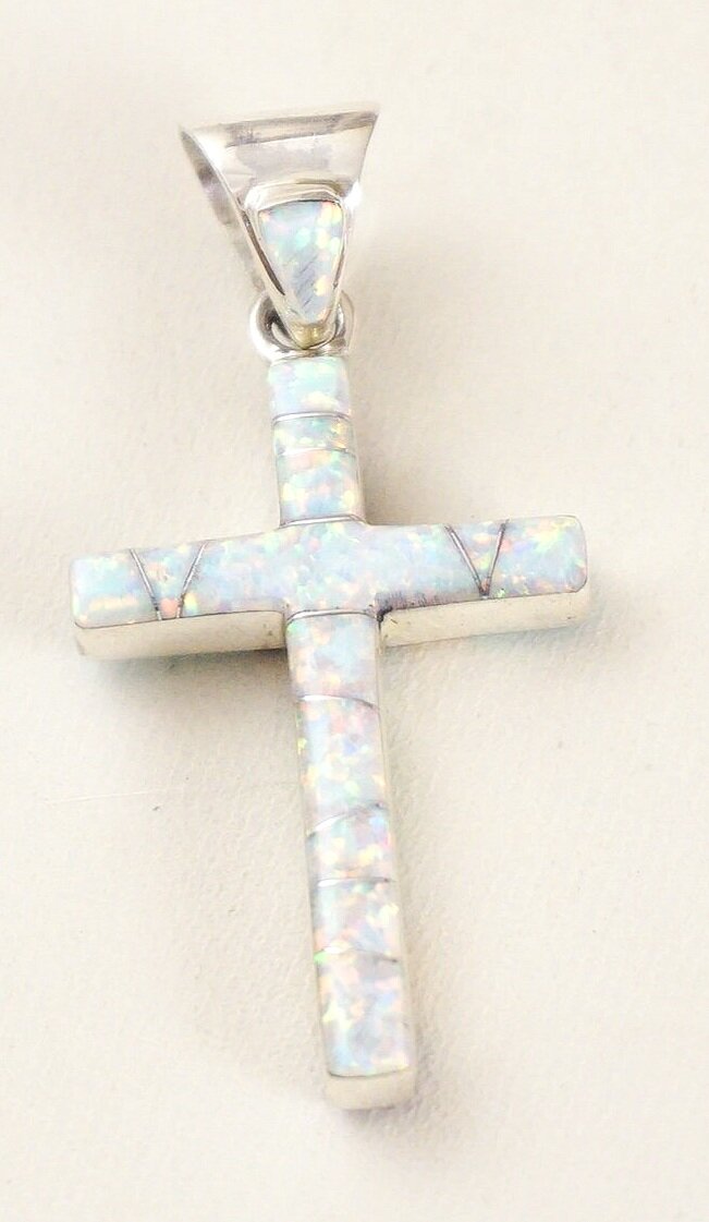 44mm Sterling Silver Cross Pendant tall w/ Synthetic Turquoise Inlay and CZ Stones 1 3/4