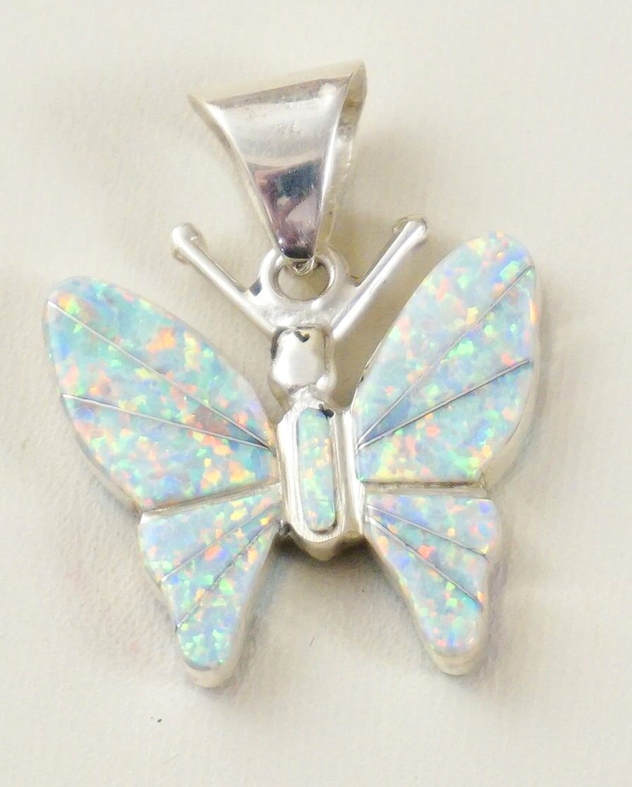 Navajo Handmade Sterling Silver White Opal Inlay Butterfly Pendant 