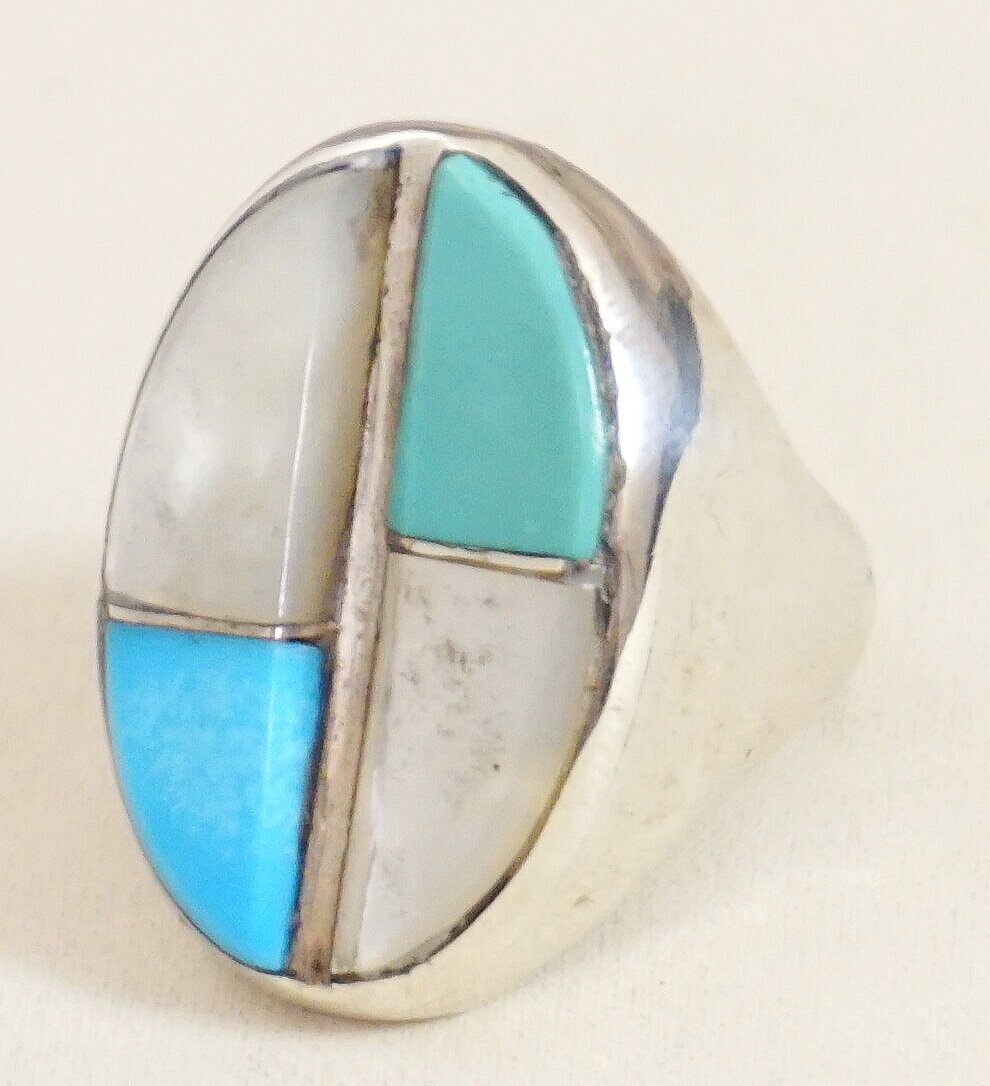 Item #964M- Heavy Men's Vintage Zuni Oval Double Turquoise and Mother Of  Pearl Raised Inlay Sandcast Silver Ring sz 10 —Men's Multi Color Stone  Inlay 