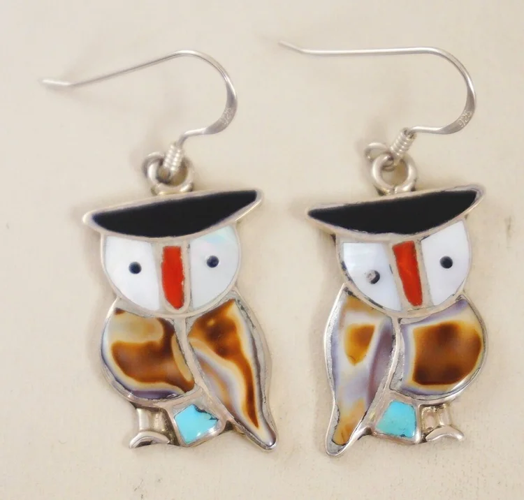 Item 662F-Zuni 5pc Multi Stone Inlay Owl Necklace Earrings by  —Native American Jewelry Necklace and Earrings Set