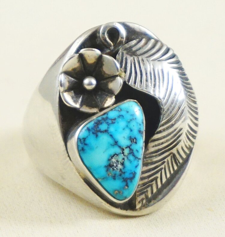 Sterling Silver and Turquoise Stone Navajo Inspired Ring Feathers Flower