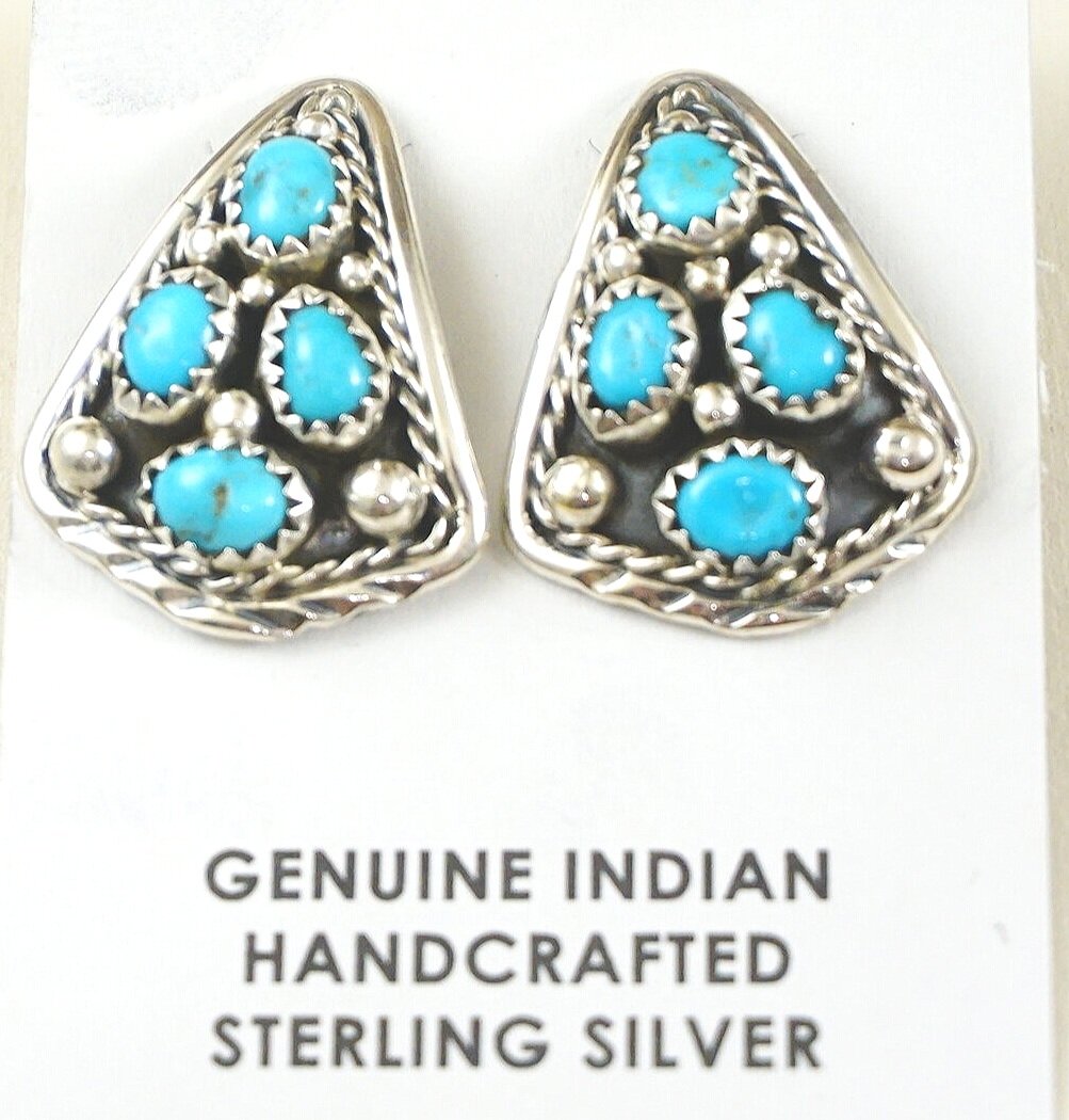 Native American Navajo Sterling Silver Turquoise Cluster Oval Drop Earrings 
