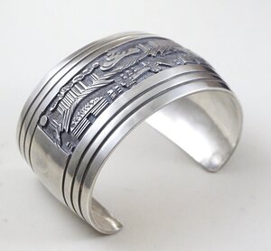 Item #913R- Xlg Wide Navajo Stamped Symbols Repousse Sterling Silver Cuff Bracelet by V&C Hale —Men's and Women's Sterling Silver and Gold Bracelets