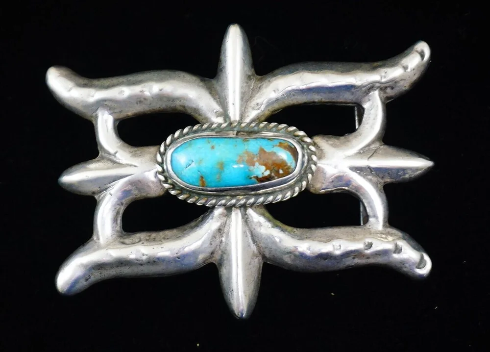 VTG Native American Navajo Sterling Silver Turquoise Belt Buckle Leather Belt Vintage Turquoise Sandcast Silver Belt Buckle by Navajo  main image 3