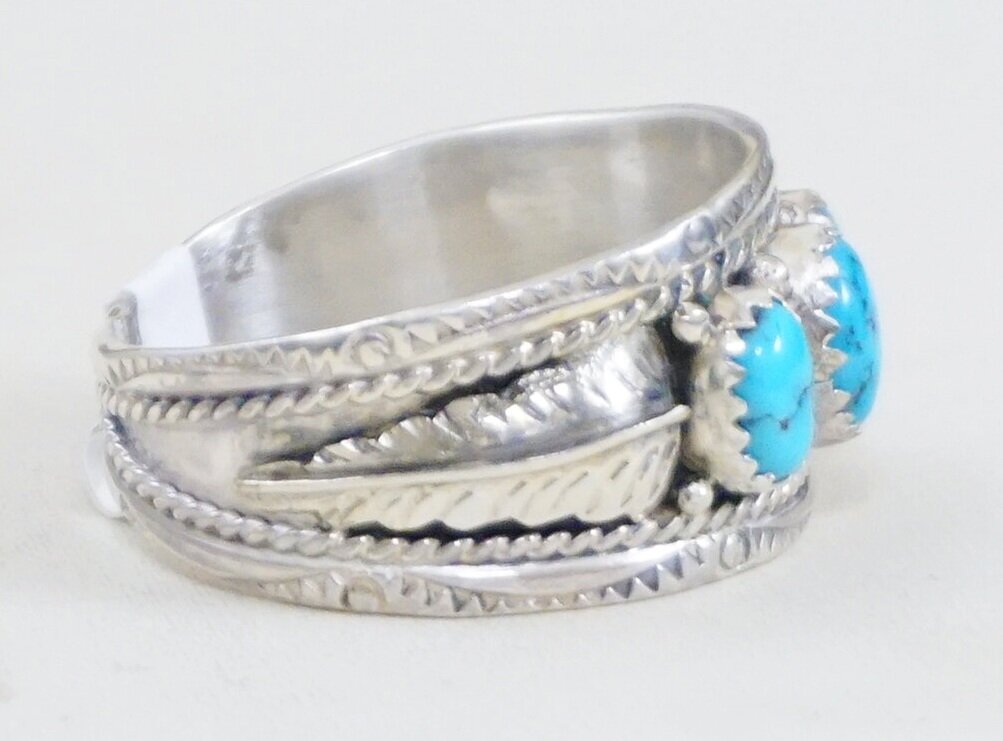 Size 7.5 Navajo Indian Sterling Silver & Turquoise Feather Ring Begay 