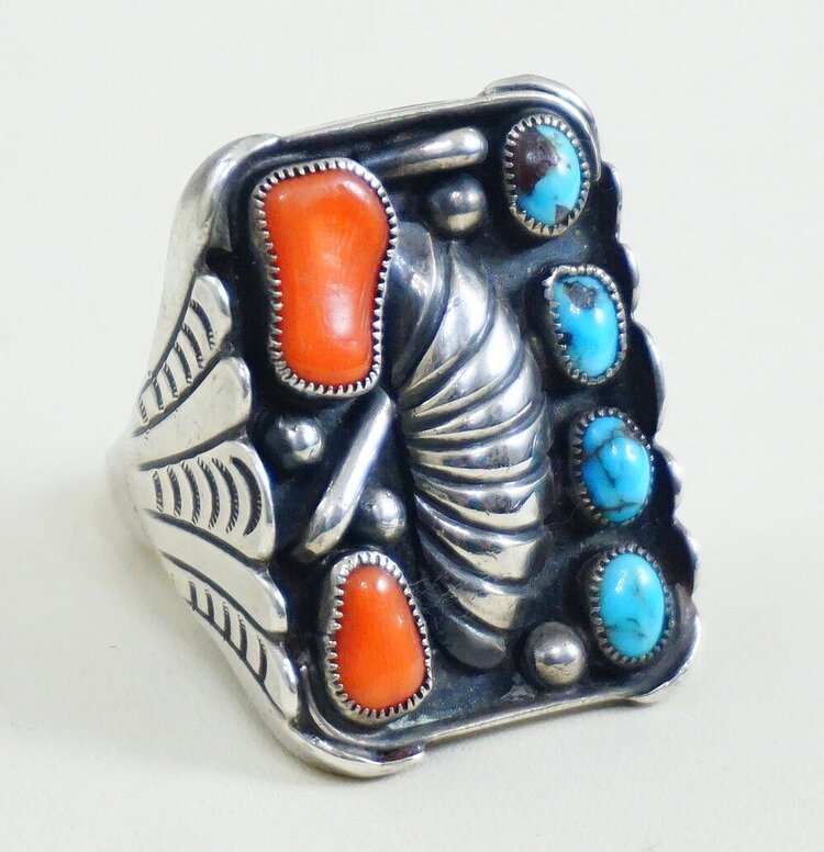 Native American Sterling Silver Turquoise, Mediterranean Coral