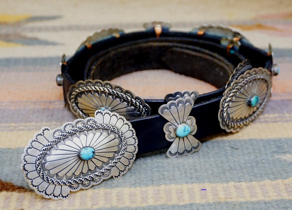 Item #978A- Navajo Turquoise Sun Symbols Stamped Sterling Silver Butterfly  Concho Belt by De Chelly —Native American Turquoise & Silver Concho Belts