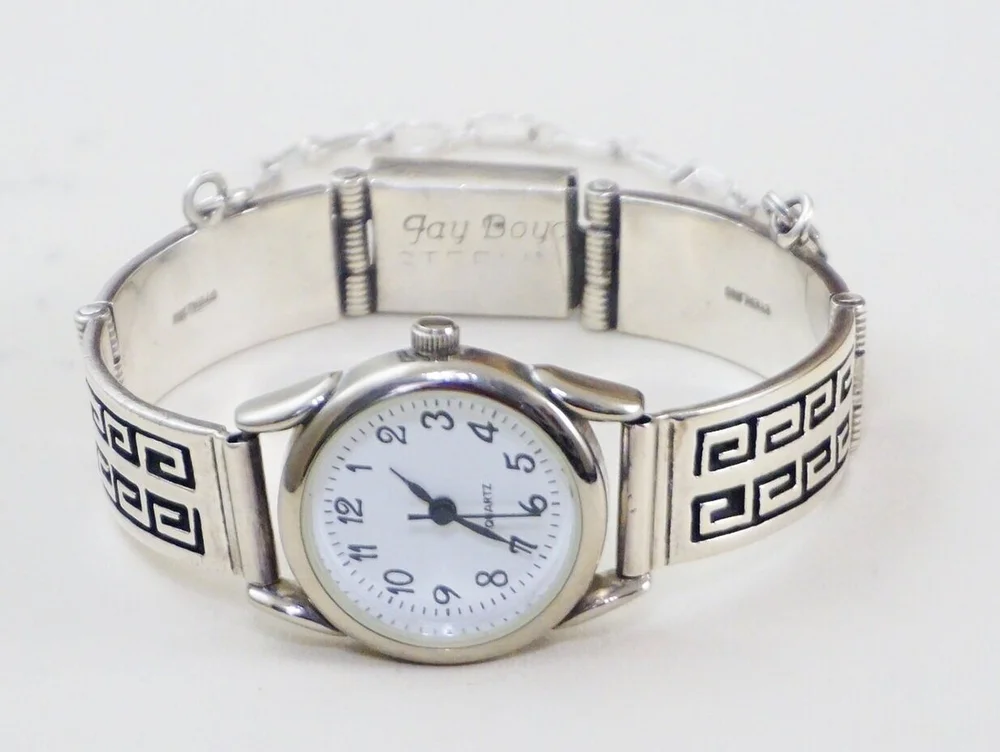 Item #981X- Women's Navajo Sterling Silver Greek Key Overlay Watch Bracelet  by Jay Boyd —Native American Watch Bracelets