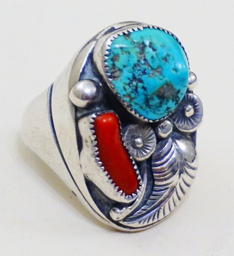 Item #982R- Heavy Vintage Men's Navajo Turquoise Coral Feather Foliage Cast  Silver Ring sz 10 3/4 —Men's Coral and Turquoise Rings- EAGLE ROCK TRADING  POST-Native American Jewelry