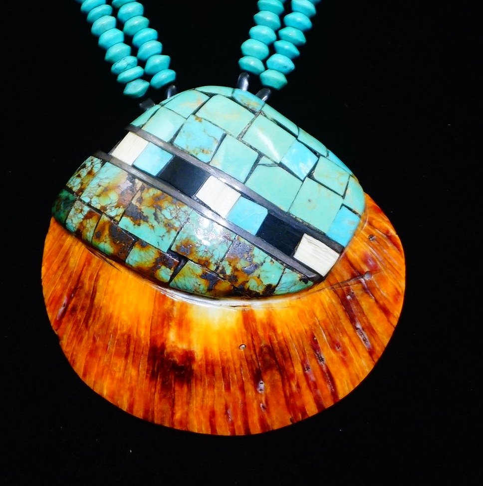 Item #984K- Vintage Santo Domingo Multi Stone Mosaic Inlay Spondylus (Spiny  Oyster) Shell Beaded Heishi Necklace —*Native American Multi Color Stone