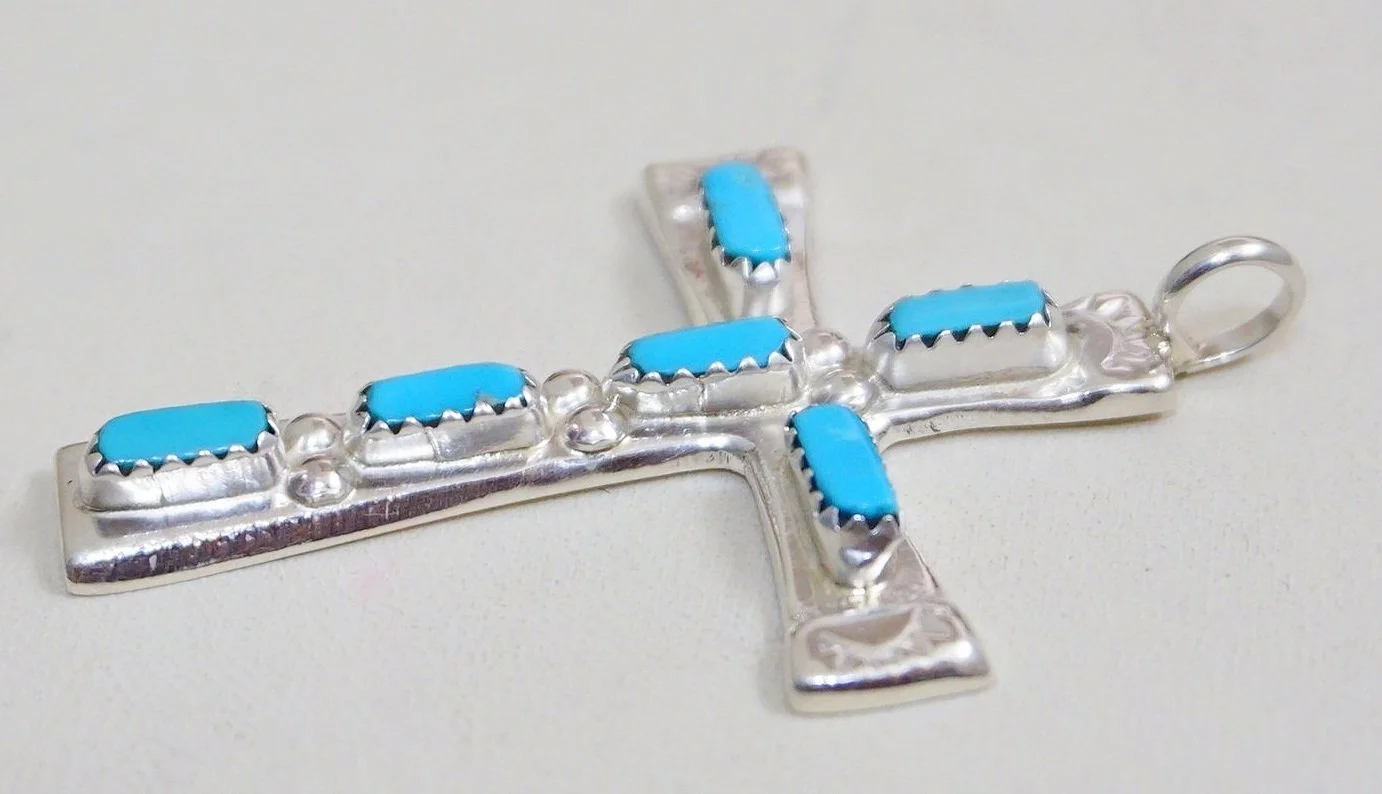 Zuni Turquoise Stamped Cast Silver Cross Pendant Iule —Native 