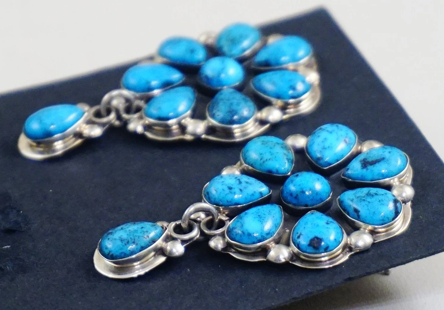 Item #987X- Large Navajo Morenci 18ct Turquoise Satellite Cluster Dangle  Teardrop Sterling Silver Earrings by Verna Blackgoat —Turquoise Earrings 