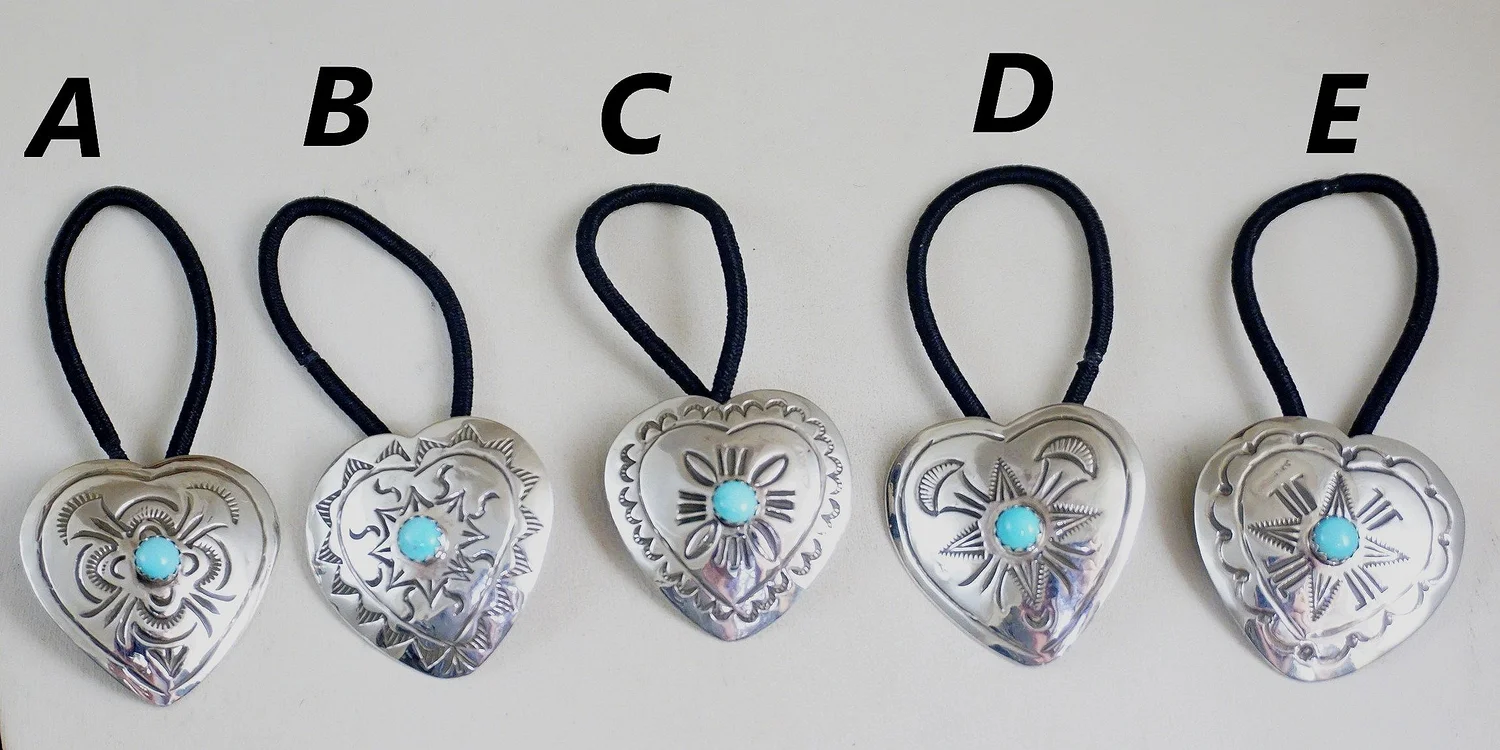 Item #942H-1- Navajo Turquoise Stamped Symbols Sterling Silver Heart  Ponytail Holders by Jennie Blackgoat —Hair Accessories Native American  Jewelry