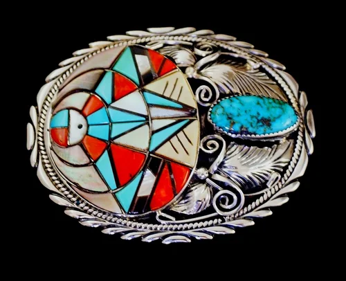 Vintage Sterling Silver Turquoise Red Mediterranean Coral Stones Belt Buckle small Vintage sterling silver, turquoise/Mediterranean red  main image 3