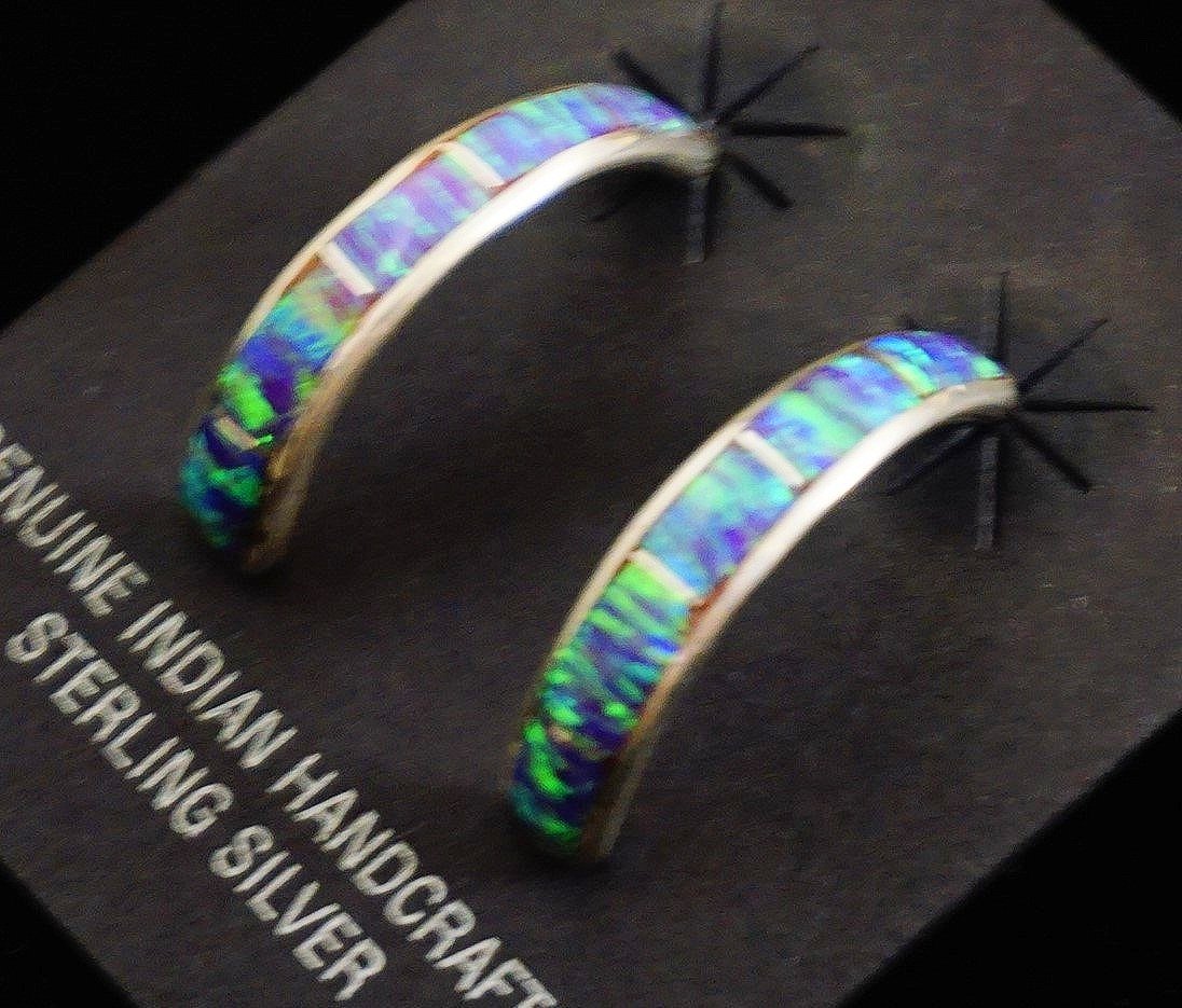 Details about   #575 Native American Zuni Handmade Opal Inlay Sterling Silver Hoop Earrings 
