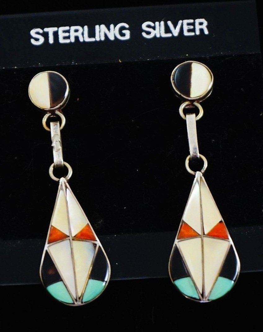 Item #488H- Vintage Zuni Multi Stone Inlay Teardrop Dangle Item #488H- Vintage Zuni Multi Stone Inlay Teardrop Dangle