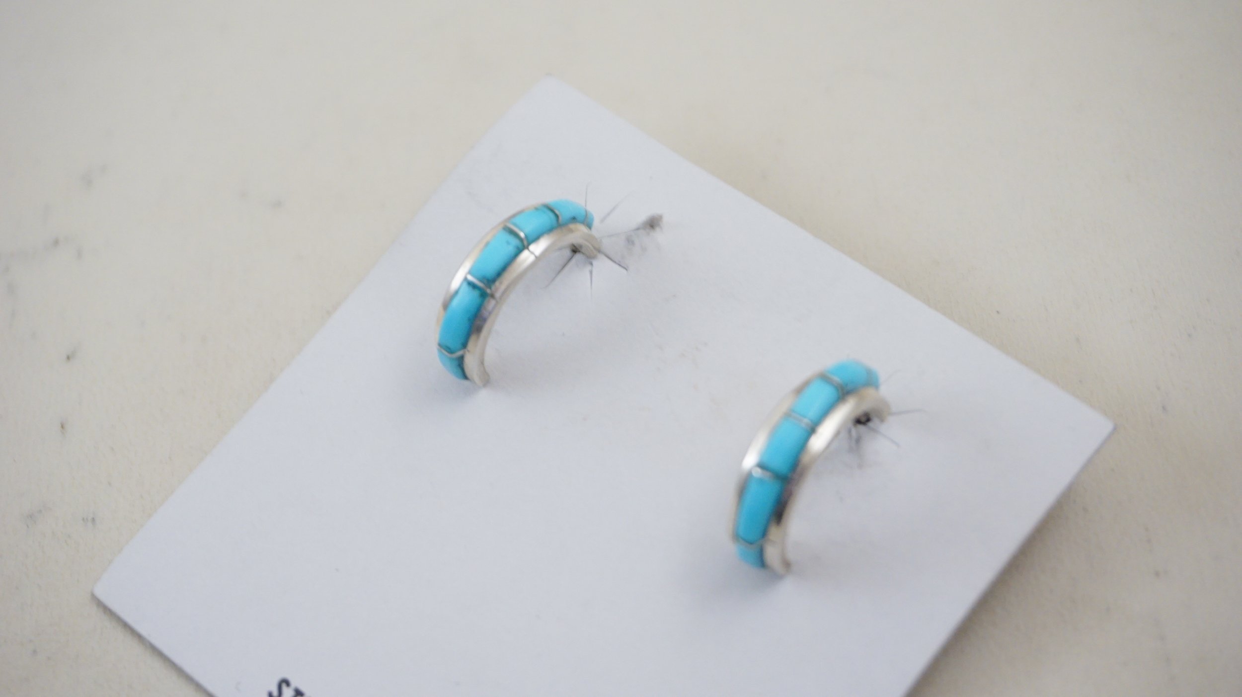 Zuni Indian Jewelry Sterling Silver Turquoise Inlay Half Hoop Earrings 