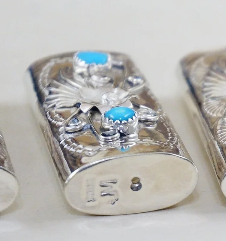 Item #855H- Mini Navajo Double Turquoise Sterling Silver Foliage Decorative  Stamped Lighter Cases by James Martin —Lighter Cases ~ Native American  Accessories