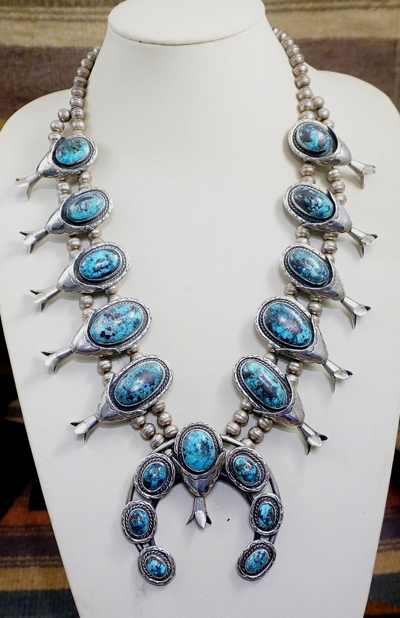 Navajo Squash Blossom Necklace with Morenci Turquoise - The Crosby  Collection Store