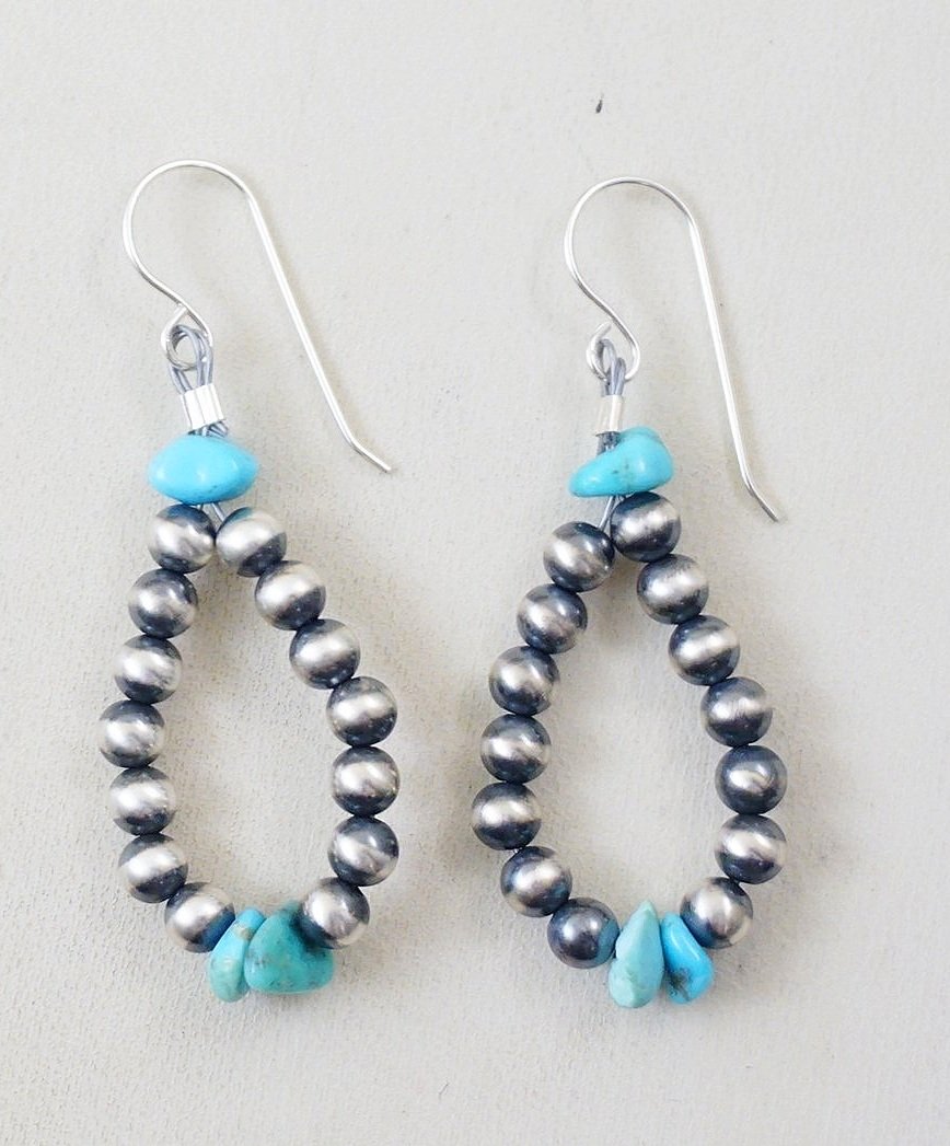Navajo Sterling Silver And Turquoise Beaded Dangle Earrings 