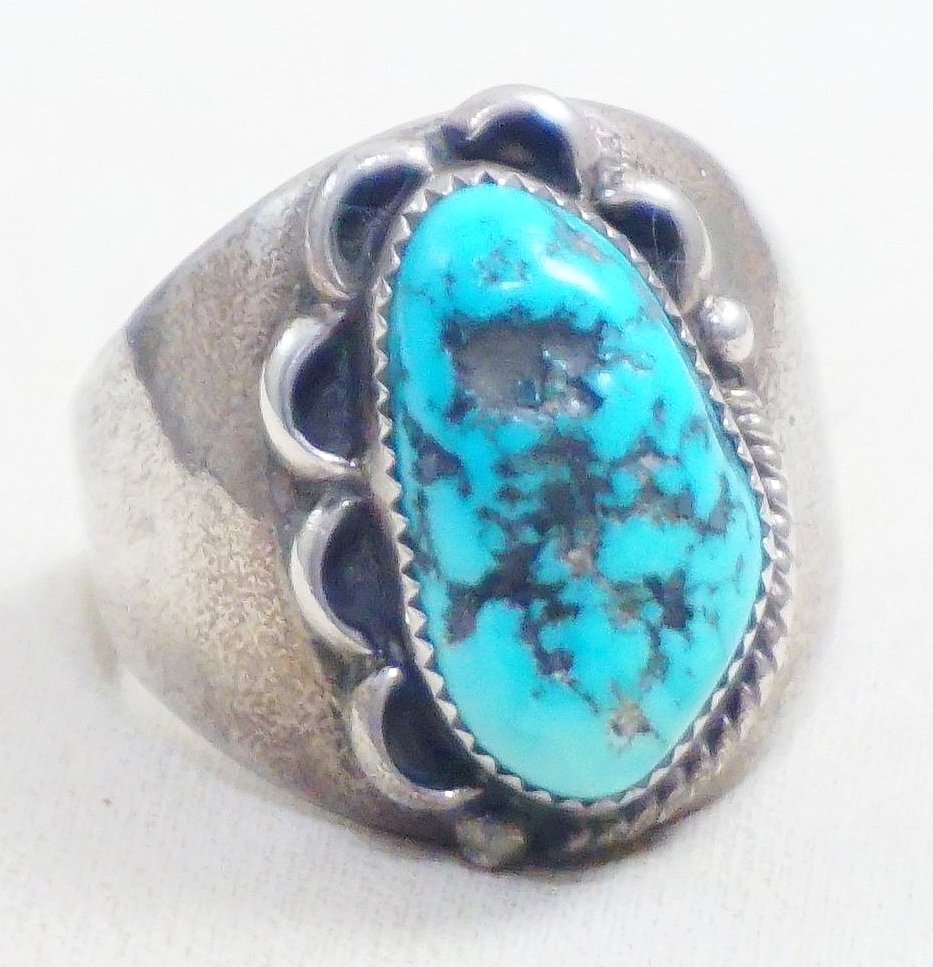 Native American Womens Navajo Turquoise & Leaf Sterling Ring Sz 9.5 Stunning Wow 