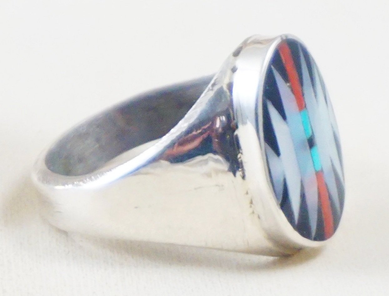 Item #1000T- Men's Zuni Oval Multi Stone Inlay Southwest Rug Design  Sterling Silver Cast Rings by C. Dishta ~ Various Sizes —Men's Multi Color  Stone