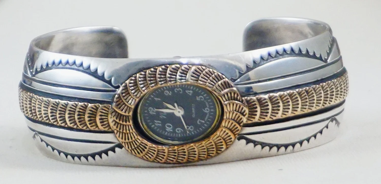 Sterling Cuff Watch Navajo signed and Stamped Old Pawn Vintage Navajo Hand Stamped Sterling Silver Watch  main image 3