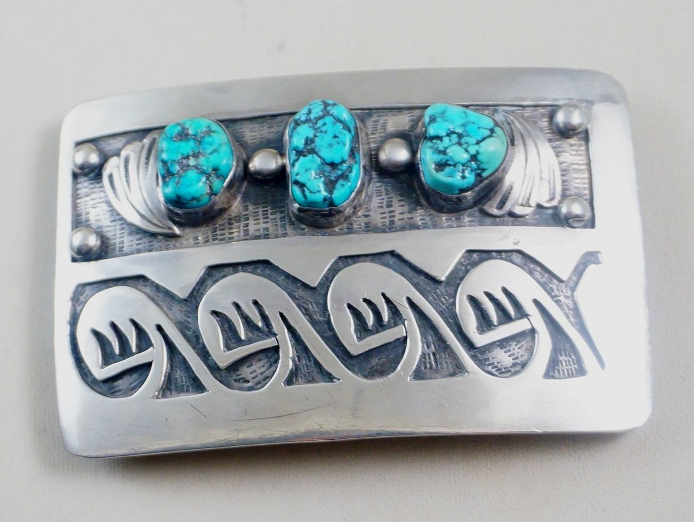 Hopi Style Handmade Turquoise Coral Chips Inlay Man in Maze Silver Belt Buckle 