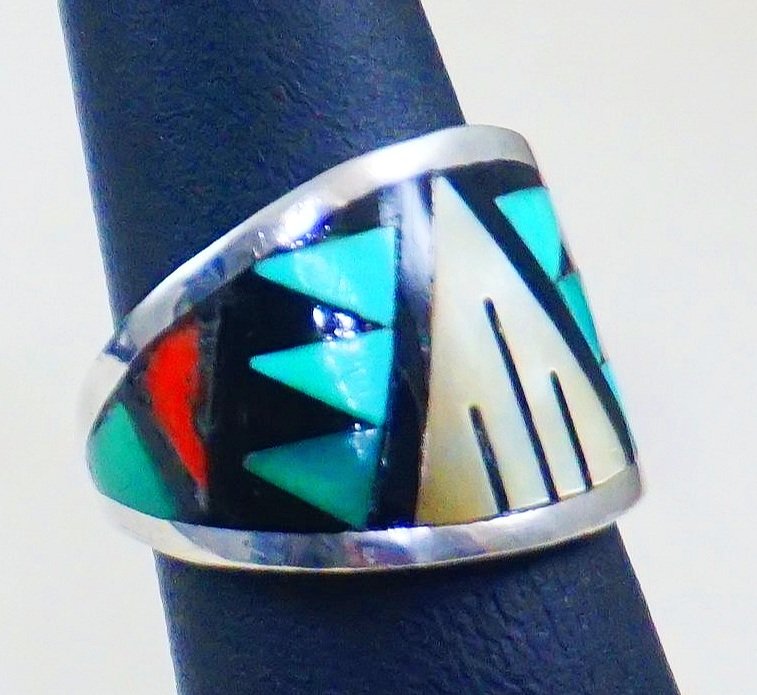 Zuni Indian Sterling Silver Turquoise Inlay Ring by Sheyka  Size 5 1/2 