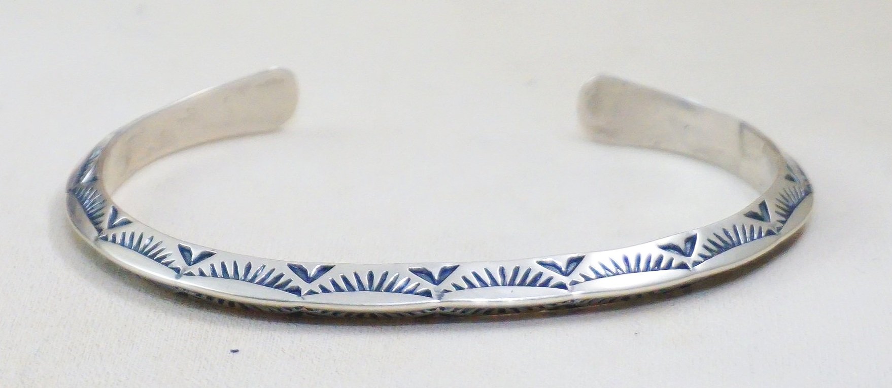 Item #981B- Navajo Stamped Sunrise Plant Symbols Triangular Carinated  Sterling Silver Cuff Bracelet by Travis Teller —Men's and Women's Sterling  