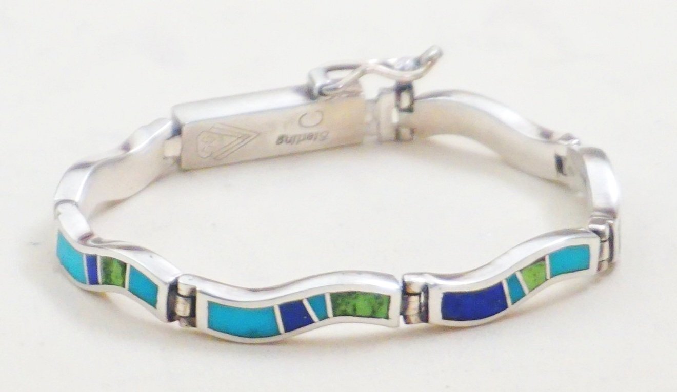 Zuni Indian Jewelry Sterling Silver Turquoise Inlay Bracelet by Siutz 