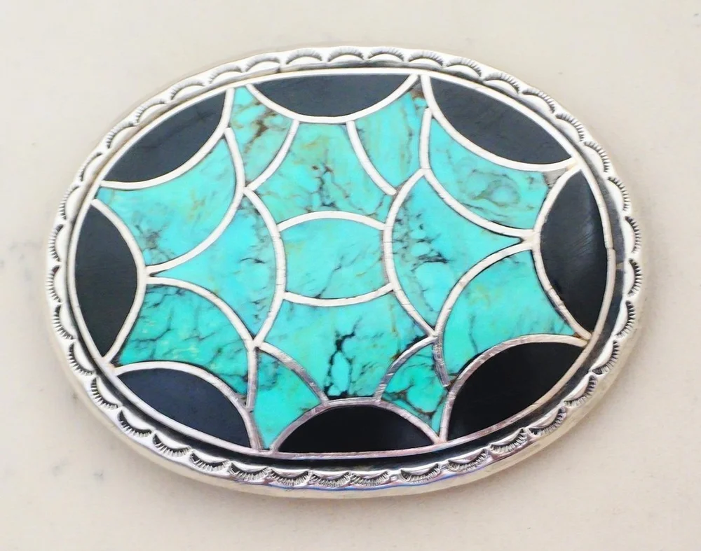 Navajo belt buckle H.S.B. Signed Navajo Turquoise Coral Sterling Silver Belt Buckle  main image 4