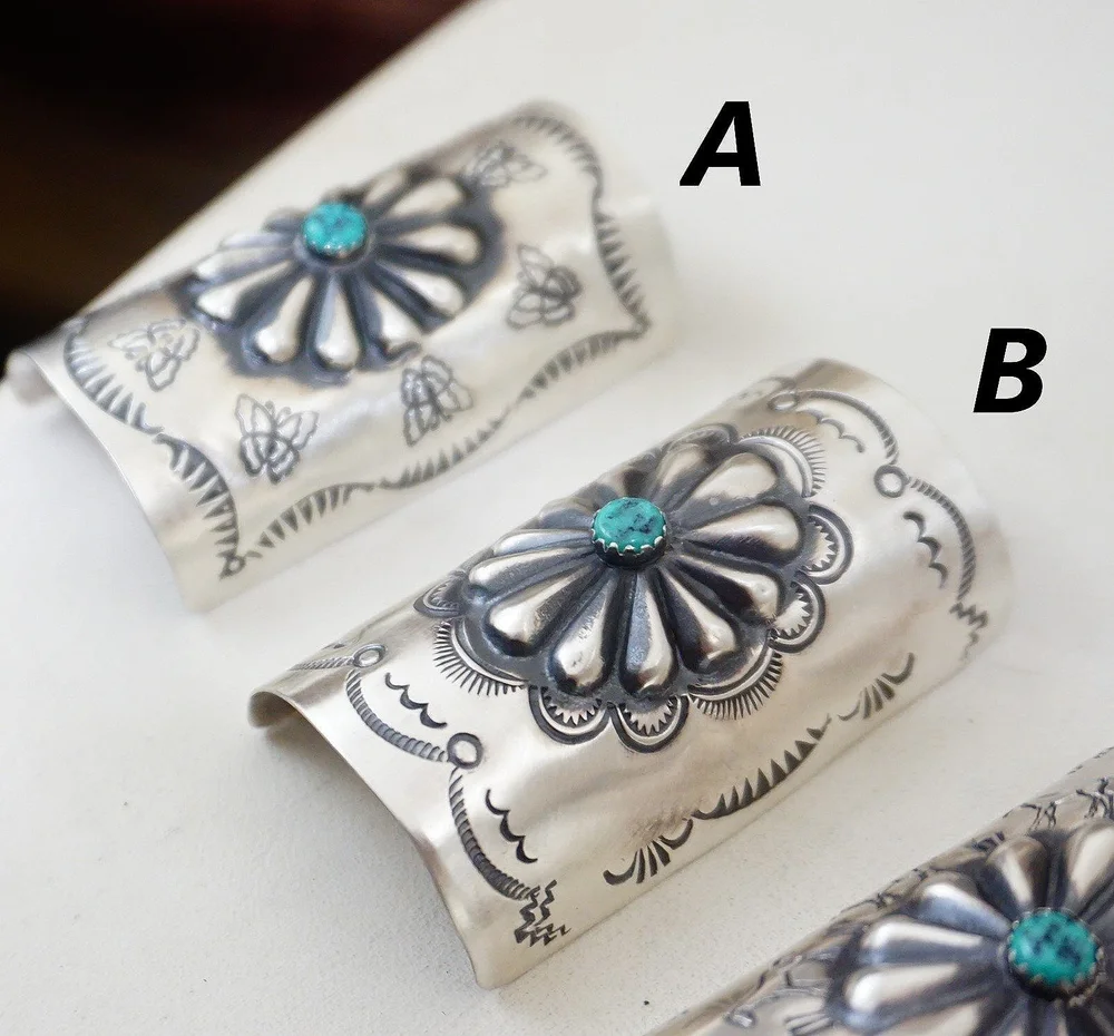 Item #987N- Large Navajo Turquoise Repousse Symbols Stamped Sterling Silver  Hair Pins by Arlene Soce —Hair Accessories Native American Jewelry